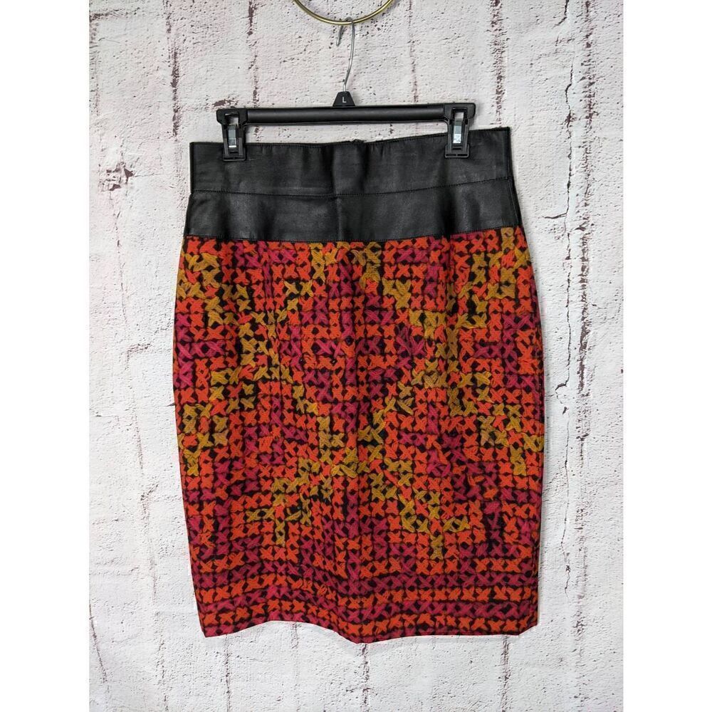 Akris Punto‎ Geometric Pattern Knit Midi Pencil Skirt w Leather Waist Sz 8